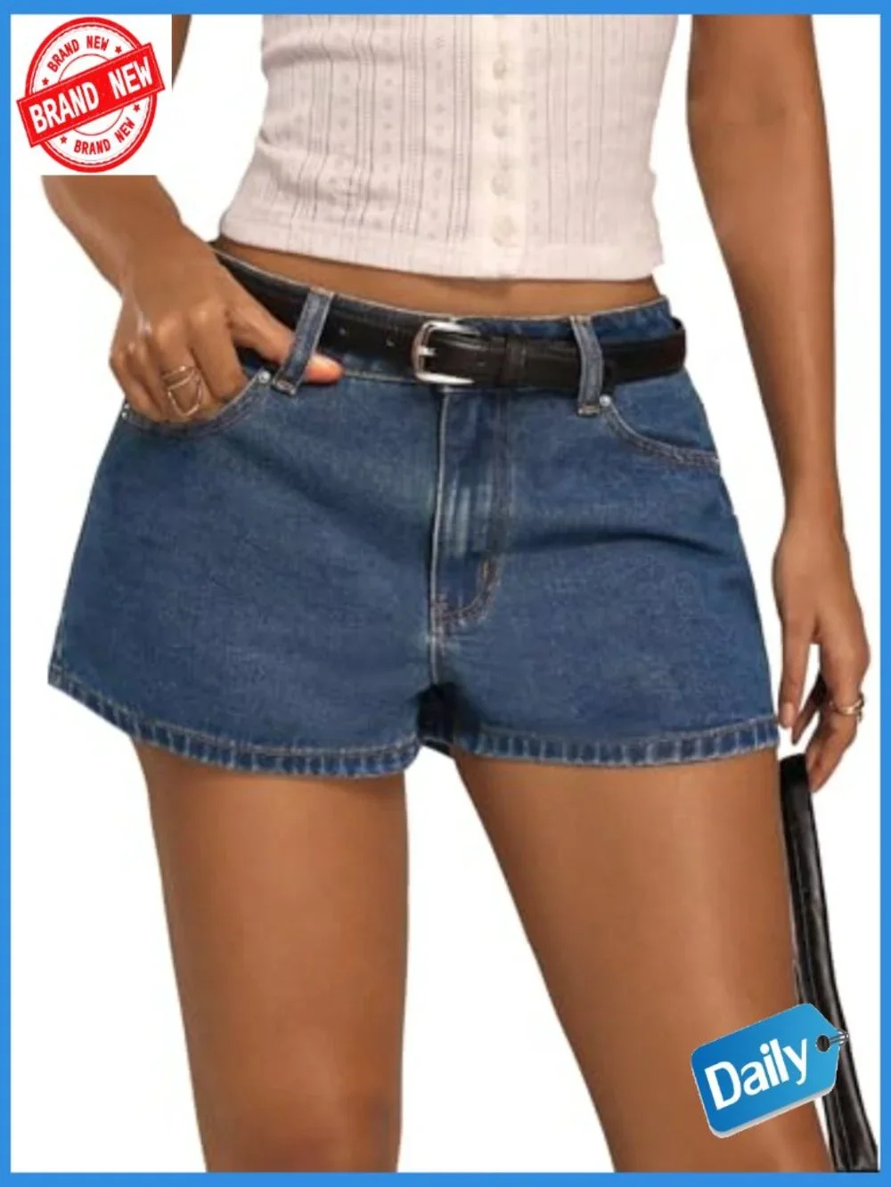 Baggy Low Rise Denim Shorts with Leather Patch High Stretch